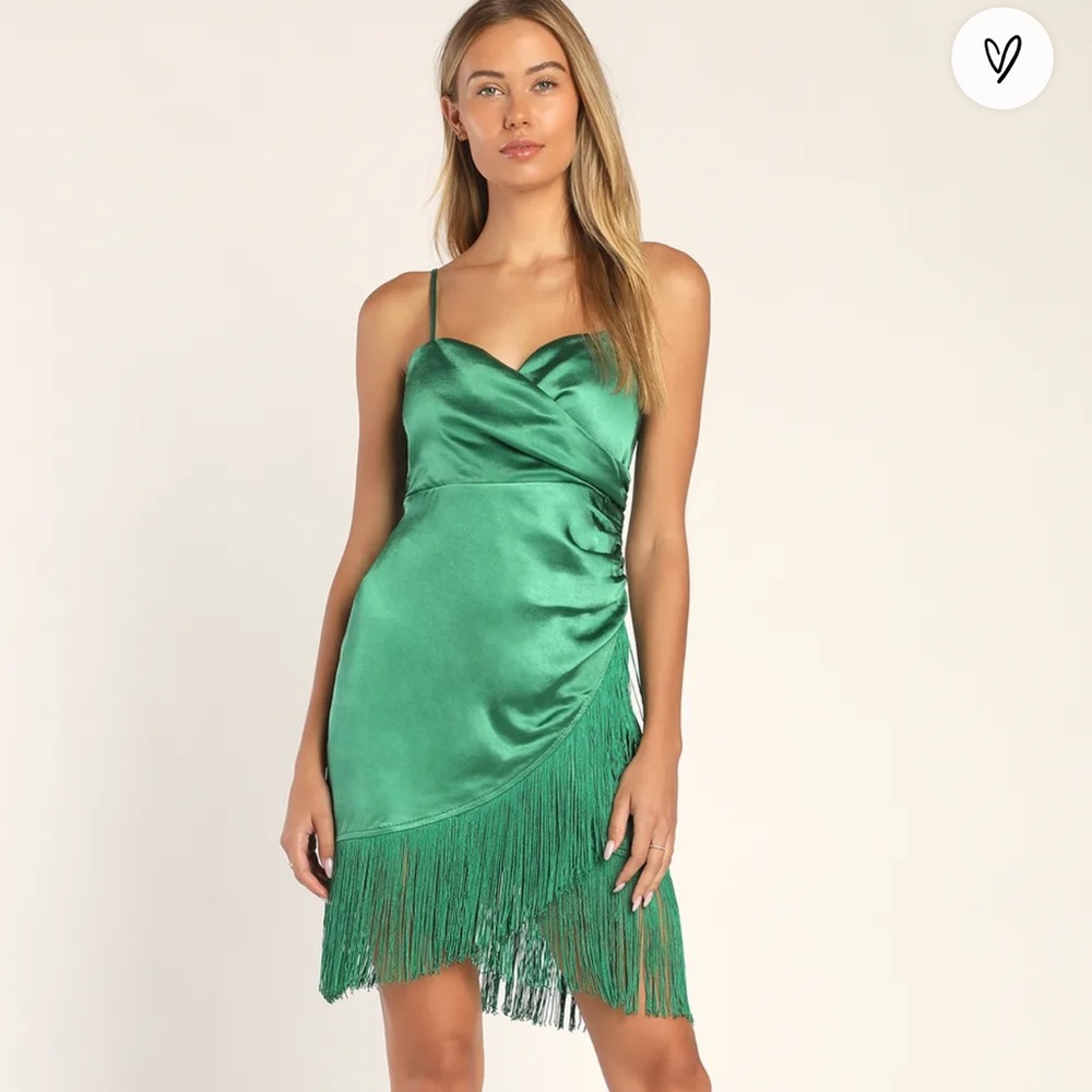 Best Fringe Forever Green Fringe Satin Mini Dress